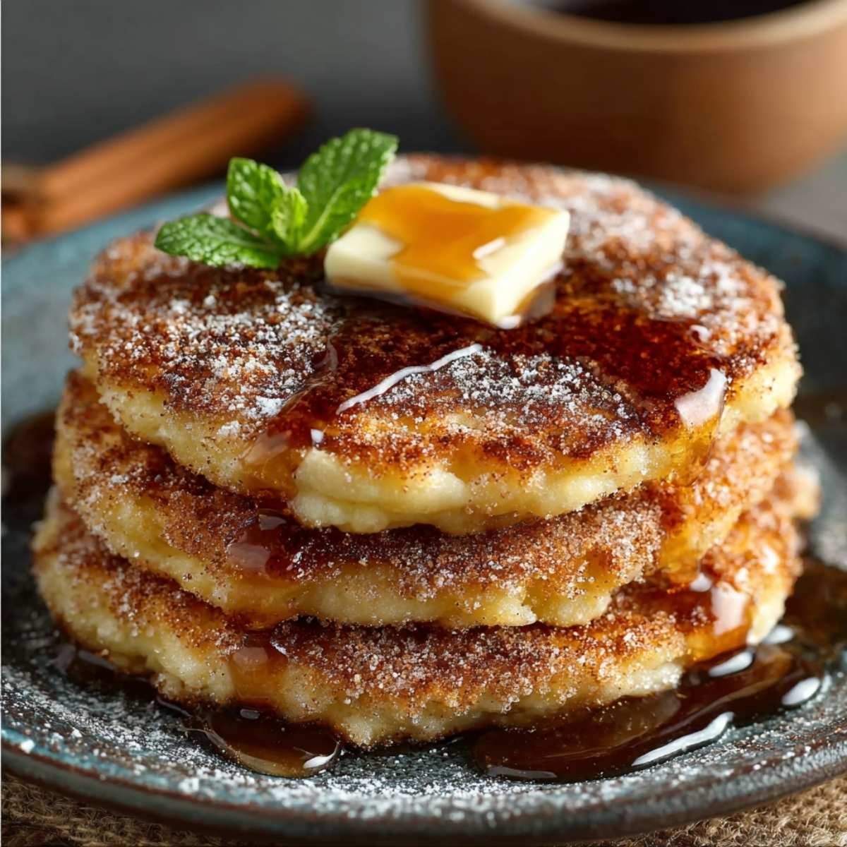 Spanish churro-inspired pancakes stacked on a plate with crunchy cinnamon sugar coating, melted butter, and warm syrup drizzle.