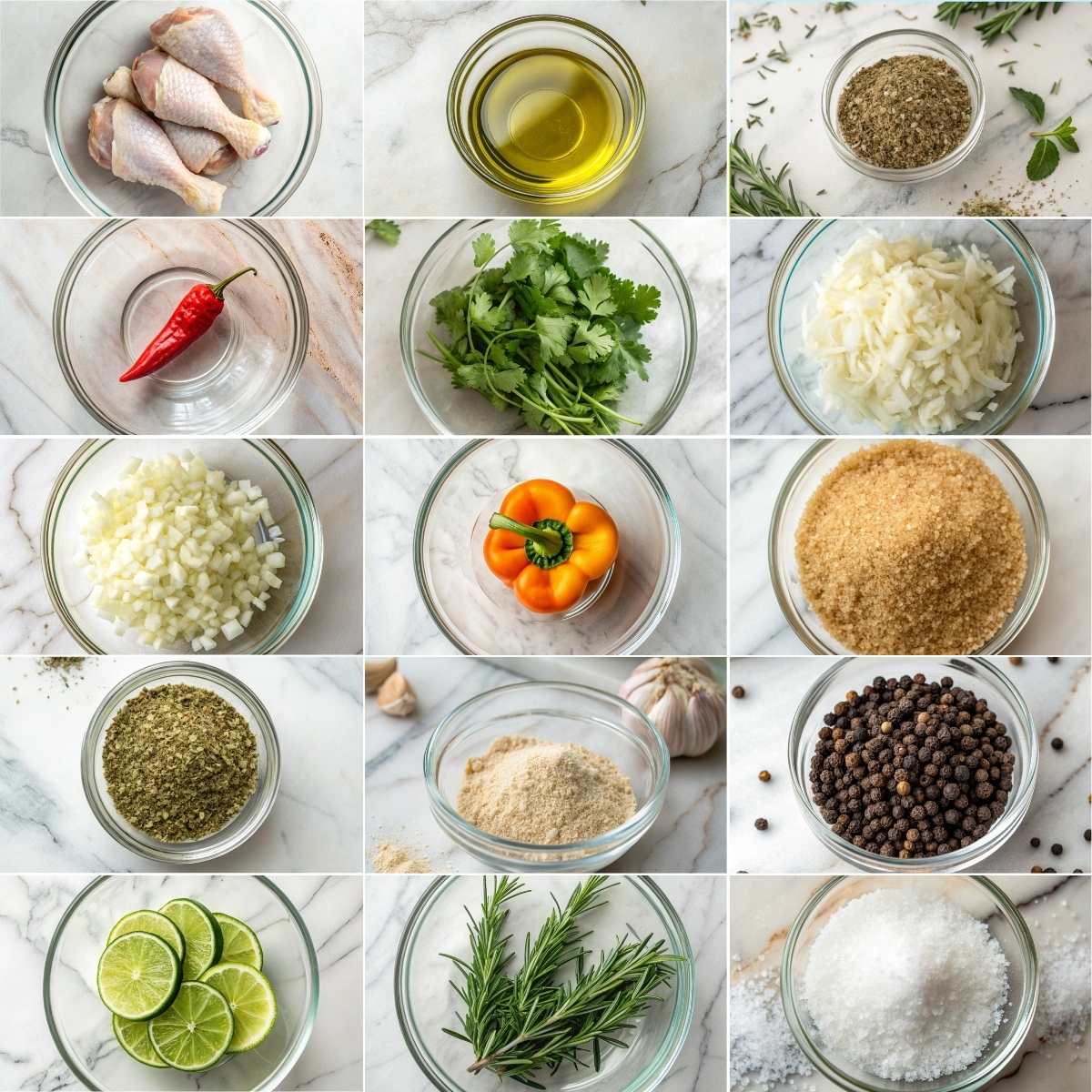 Easy Chicken Legs 10 Ingredients for spicy baked chicken drumsticks with olive oil brown sugar garlic spices herbs lemon wedges ready to season