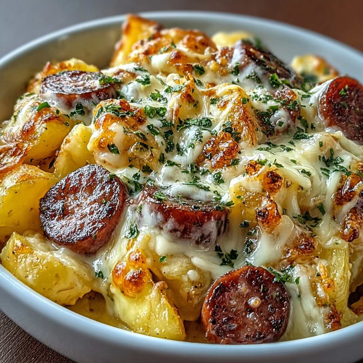 Cheesy Ranch Potatoes and Smoked Sausage on a modern marble countertop, showcasing its golden cheese crust and sliced sausage.
