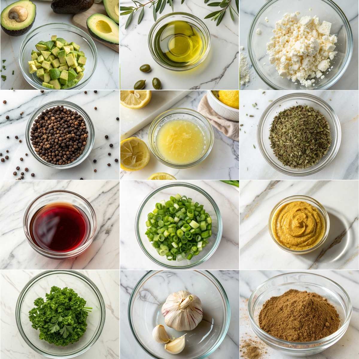 Quick Chickpea Feta Avocado Salad 10 Fresh ingredients for Chickpea Feta Avocado Salad including canned chickpeas, diced avocado, feta cheese, and English cucumber.