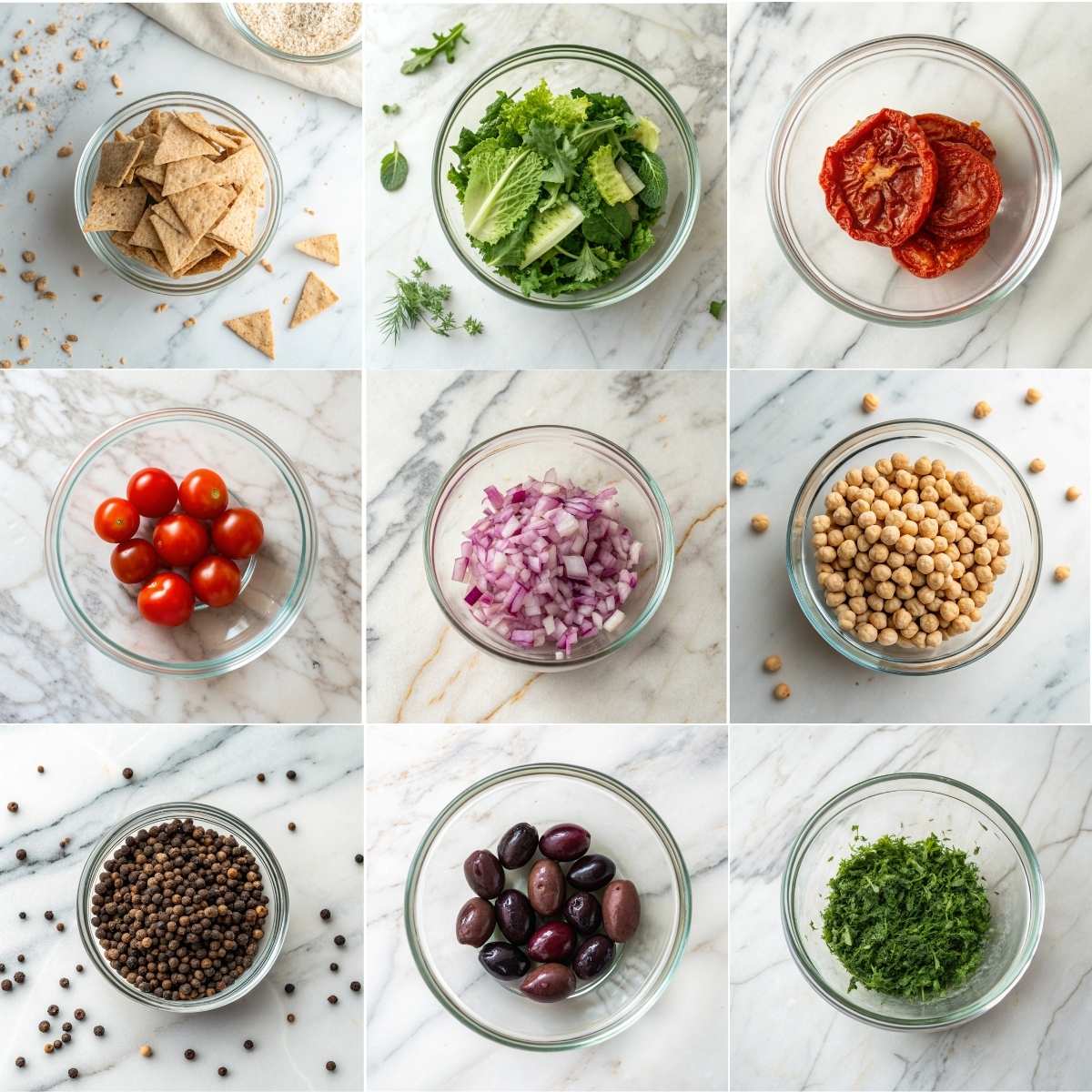 Quick Chickpea Feta Avocado Salad 11 Ingredients for lemon vinaigrette and salad add-ins including olive oil, red wine vinegar, sun-dried tomatoes, and pita chips.