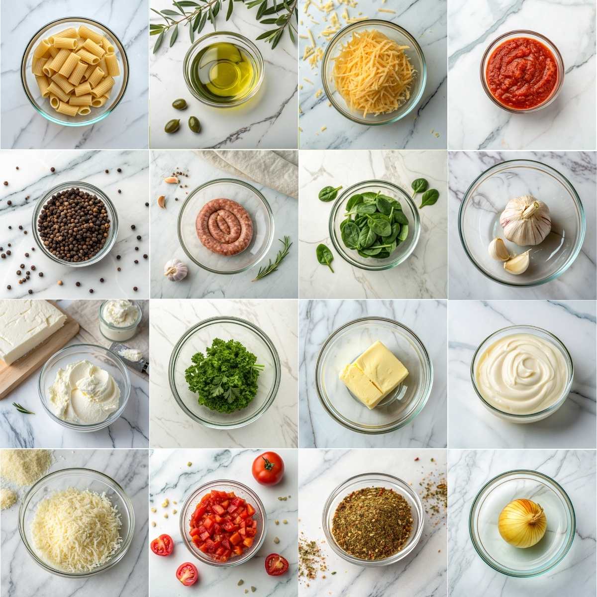 Easy Creamy Italian Sausage Rigatoni 10 Fresh ingredients for Creamy Italian Sausage Rigatoni including Italian sausage, rigatoni, heavy cream, and spinach.