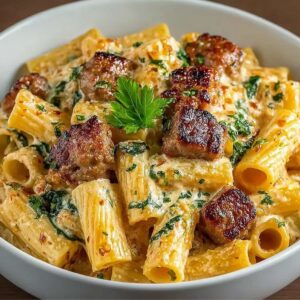 Easy Creamy Italian Sausage Rigatoni 14 Creamy Italian Sausage Rigatoni in a white bowl, featuring browned sausage chunks, fresh spinach, and herbs