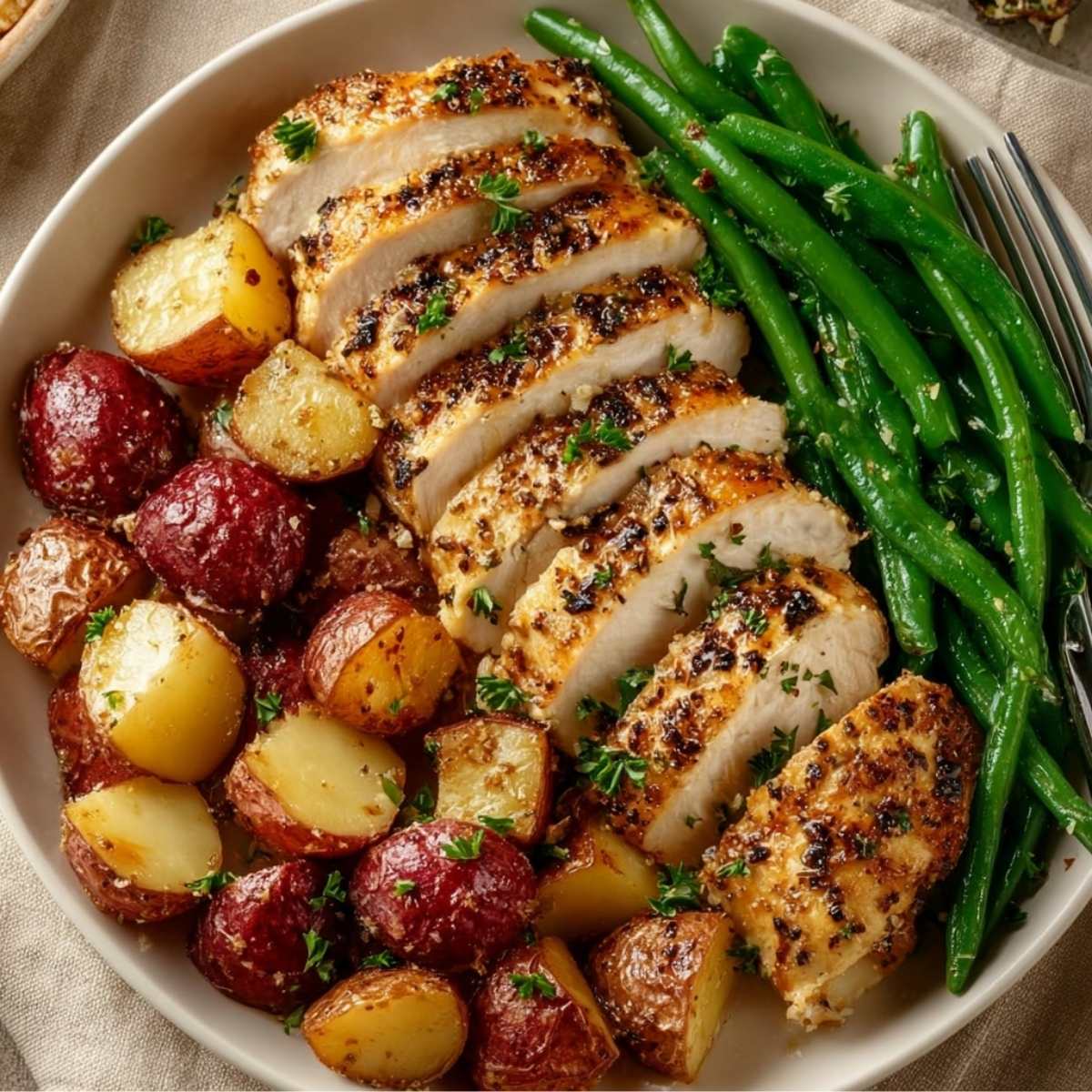 Parmesan Crusted Chicken Sheet Pan Dinner on a white plate with roasted red potatoes and fresh green beans.