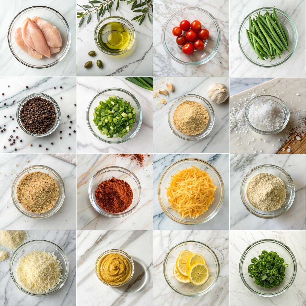 Easy Parmesan Crusted Chicken Sheet Pan Dinner 10 A grid of ingredients for Parmesan Crusted Chicken including chicken breasts, green beans, red potatoes, and Dijon mustard