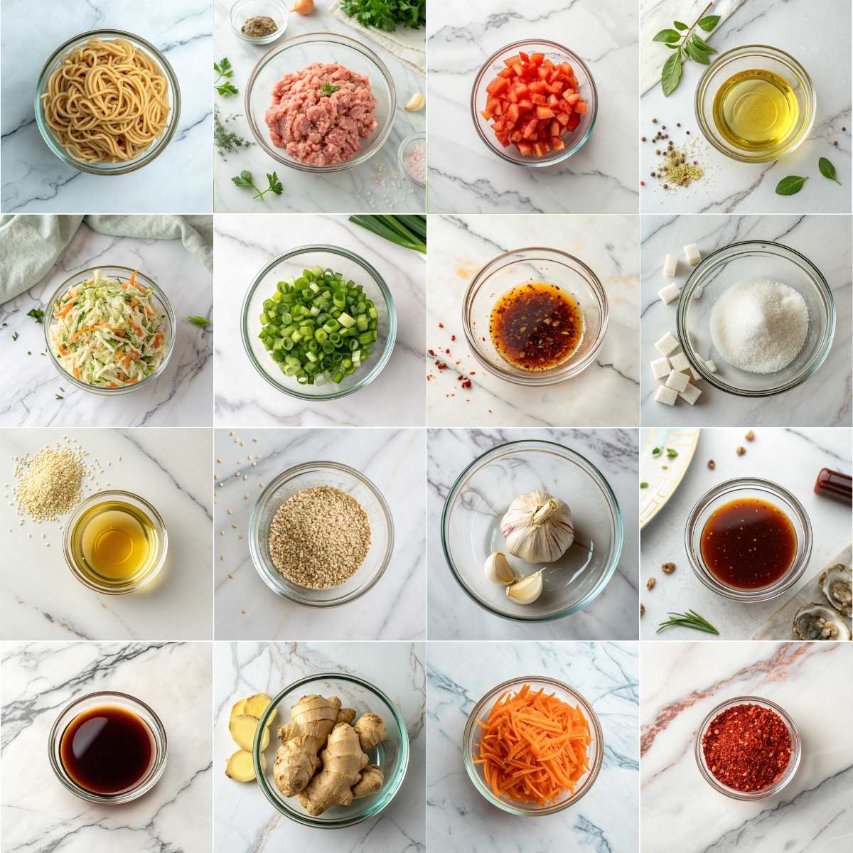 Quick Potsticker Noodle Bowls 10 Grid of ingredients for Potsticker Noodle Bowls including ground pork, rice noodles, coleslaw mix, ginger, and soy sauce.