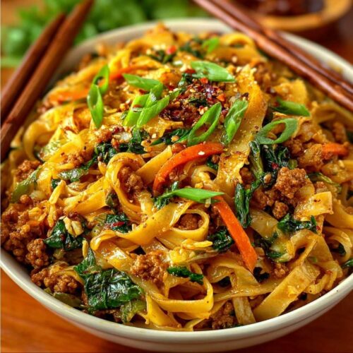 Quick Potsticker Noodle Bowls 17 Potsticker Noodle Bowls on a modern marble countertop, showcasing glossy rice noodles with browned pork and green onions.